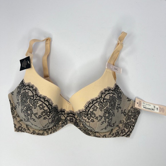 Ambrielle Other - Ambrielle Lace Print Smooth T-Shirt Bra 34C Beige Black Underwire NWT